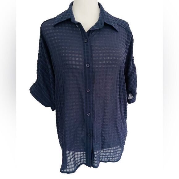 New with tags Max Studio navy blue camp style button front shirt size M. - Picture 1 of 8